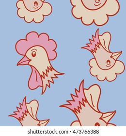 Vector seamless pattern of stylized rooster, hen, cock, chicken with hole and spots on colored background. Hand drawn. Colorfil seamless cock and hen background.