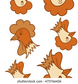 Vector seamless pattern of stylized rooster, hen, cock, chicken with hole and spots on colored background. Hand drawn. Colorfil seamless cock and hen background.