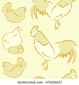 Vector seamless pattern of stylized rooster, hen, cock, chicken with hole and spots on colored background. Hand drawn. Colorfil seamless cock and hen background.