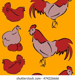 Vector seamless pattern of stylized rooster, hen, cock, chicken with hole and spots on colored background. Hand drawn. Colorfil seamless cock and hen background.