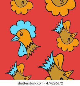 Vector seamless pattern of stylized rooster, hen, cock, chicken with hole and spots on colored background. Hand drawn. Colorfil seamless cock and hen background.