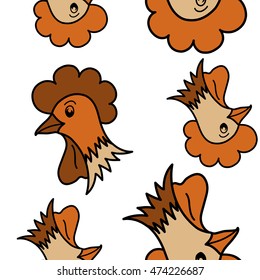 Vector seamless pattern of stylized rooster, hen, cock, chicken with hole and spots on colored background. Hand drawn. Colorfil seamless cock and hen background.