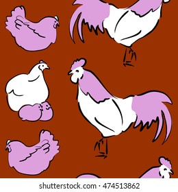 Vector seamless pattern of stylized rooster, hen, cock, chicken with hole and spots on colored background. Hand drawn. Colorfil seamless cock and hen background.