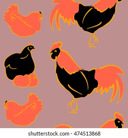 Vector seamless pattern of stylized rooster, hen, cock, chicken with hole and spots on colored background. Hand drawn. Colorfil seamless cock and hen background.