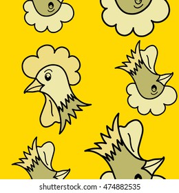 Vector seamless pattern of stylized rooster, hen, cock, chicken with hole and spots on colored background. Hand drawn. Colorfil seamless cock and hen background.