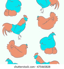 Vector seamless pattern of stylized rooster, hen, cock, chicken with hole and spots on colored background. Hand drawn. Colorful seamless cock and hen background.