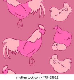 Vector seamless pattern of stylized rooster, hen, cock, chicken with hole and spots on colored background. Hand drawn. Colorfil seamless cock and hen background.