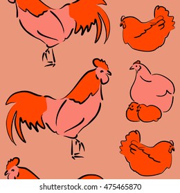Vector seamless pattern of stylized rooster, hen, cock, chicken with hole and spots on colored background. Hand drawn. Colorfil seamless cock and hen background.