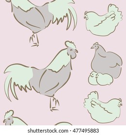 Vector seamless pattern of stylized rooster, hen, cock, chicken with hole and spots on colored background. Hand drawn. Colorfil seamless cock and hen background.