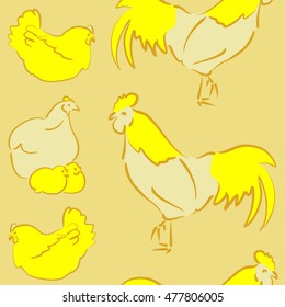 Vector seamless pattern of stylized rooster, hen, cock, chicken with hole and spots on colored background. Hand drawn. Colorfil seamless cock and hen background.