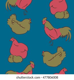 Vector seamless pattern of stylized rooster, hen, cock, chicken with hole and spots on colored background. Hand drawn. Colorfil seamless cock and hen background.
