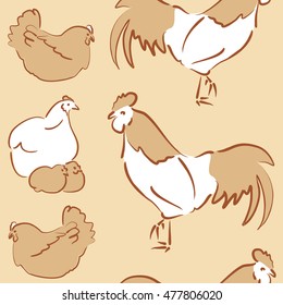 Vector seamless pattern of stylized rooster, hen, cock, chicken with hole and spots on colored background. Hand drawn. Colorfil seamless cock and hen background.
