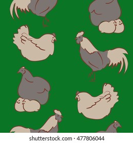 Vector seamless pattern of stylized rooster, hen, cock, chicken with hole and spots on colored background. Hand drawn. Colorfil seamless cock and hen background.