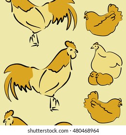 Vector seamless pattern of stylized rooster, hen, cock, chicken with hole and spots on colored background. Hand drawn. Colorfil seamless cock and hen background.