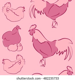 Vector seamless pattern of stylized rooster, hen, cock, chicken with hole and spots on colored background. Hand drawn. Colorfil seamless cock and hen background.