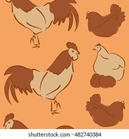 Vector seamless pattern of stylized rooster, hen, cock, chicken with hole and spots on colored background. Hand drawn. Colorfil seamless cock and hen background.