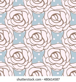 Vector seamless pattern with stylized roses and flowers in pastel colors on blue polka dot background