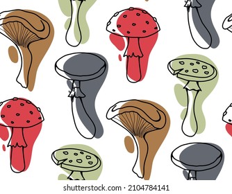 Vector seamless pattern with stylized sketches of poisonous mushrooms with color spots. Amanita and false mushrooms. Texture for wallpaper. Background with contour drawing of dangerous fungus