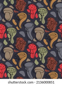 Vector seamless pattern with stylized sketches of poisonous mushrooms with color spots. Amanita and false mushrooms. Texture for wallpaper. Dark background with contour drawing of dangerous fungus