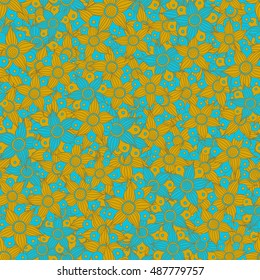 Vector seamless pattern of stylized small flowers, doodles on blue background.