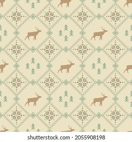 Vector seamless pattern with stylized spruces reindeers and snowflakes. Light ornate geometric background in scandinavian style for fabric, wrapping paper, packaging and wallpaper