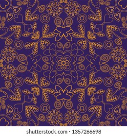 Vector seamless pattern with stylized symmetrical floral elements. Line art. Background texture , great for cards, invitations, packaging, wrapping paper.