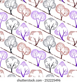 Vector seamless pattern with stylized trees. Hand drawn vector illustration.