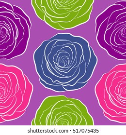 Vector seamless pattern with stylized violet, pink and purple roses. Square composition with abstrct vintage roses.