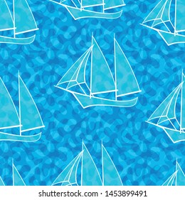 Vector seamless pattern of stylized watercolor waves and hand-drawn sailboats