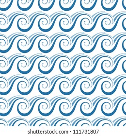 Vector seamless pattern with stylized waves. Simple background with motif of meander, sea and ocean. Abstract marine ornamental illustration with expanse of water for print and web
