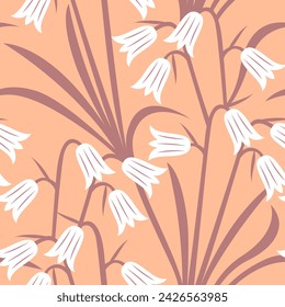 Vector seamless pattern with stylized white bells on a peach background