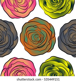 Vector seamless pattern of stylized yellow, blue and pink roses. Rose watercolor flower illustration.