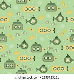 Vector seamless pattern with submarine, clownfish, squid, algae.Underwater cartoon creatures.Marine background.Cute ocean pattern for fabric, childrens clothing,textiles,wrapping paper