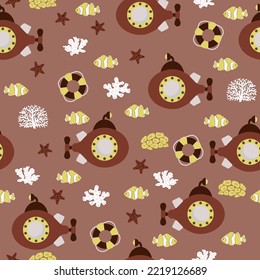 Vector seamless pattern with submarine, lifebuoy, clown fish, seaweed, starfish.Underwater cartoon creatures.Marine background.Cute ocean pattern for fabric, childrens clothing,textiles,wrapping paper