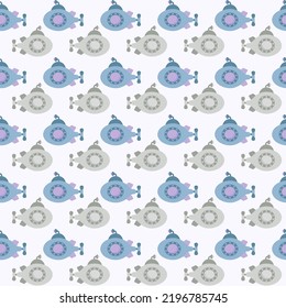 Vector seamless pattern with submarine.Underwater cartoon creatures.Marine background.Cute ocean pattern for fabric, childrens clothing,textiles,wrapping paper