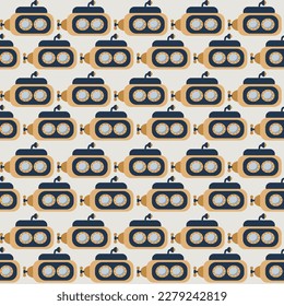 Vector seamless pattern with submarine.Underwater cartoon creatures.Marine background.Cute ocean pattern for fabric, childrens clothing,textiles,wrapping paper