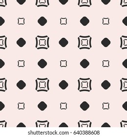 Vector seamless pattern, subtle geometric monochrome texture with simple figures, smooth outline squares, circles, staggered grid. Abstract repeat background. Design for tileable print, decoration