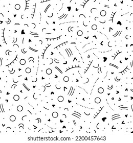 Vector Seamless Pattern With Subtle Linear And Heart Shape Elements Black Color On Transparent Background. Girlish Minimalistic Background.