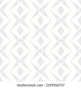 Vector seamless pattern. Subtle ornamental background, repeat geometric tiles, diamonds, stripes, zigzag lines. Abstract minimal light gray and white ornament texture. Simple design for decor, print