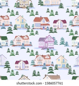Vector seamless pattern of suburban family houses and fir trees. Winter landscape and snowfall. Flat style.