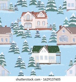 Vector seamless pattern of suburban family houses and fir trees. Winter landscape and snowfall. Flat style.