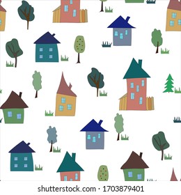 Vector seamless pattern of suburban family houses of trees and fir trees. Flat style. Can be printed and used as wrapping paper, wallpaper, textile, fabric, etc
