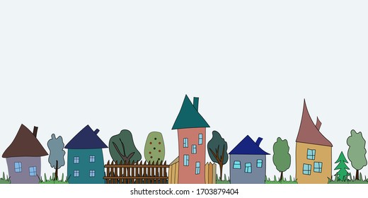 Vector seamless pattern of suburban family houses of trees and fir trees. Flat style. Can be printed and used as wrapping paper, wallpaper, textile, fabric, etc