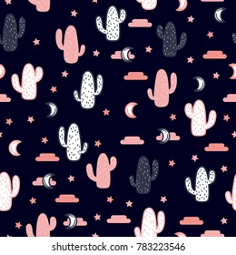 Vector seamless pattern with succulent cactus, stars and moon.