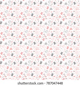 Vector seamless pattern with succulent cactus, stars, arrow, wigwam and moon. Cute print for textile, paper.