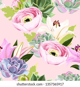 Vector seamless pattern with succulent and flower