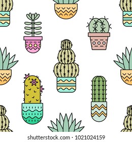 Vector seamless pattern with succulent plants and cactuses in pots in trendy linear style. Colorful houseplant background