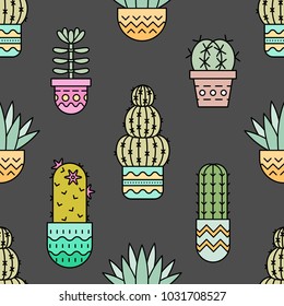 Vector seamless pattern with succulent plants and cactuses in pots in trendy linear style. Colorful houseplant background