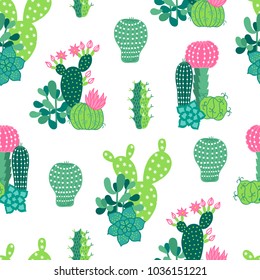 Vector seamless pattern with succulents and booming cactuses. Perfect for wallpaper, gift paper and summer greetings.
