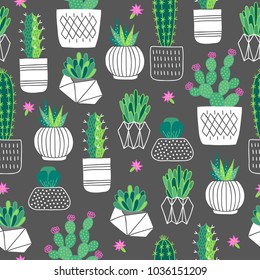 Vector seamless pattern with succulents, cactuses and flowers in scandinavian style. Perfect for wallpaper, gift paper and summer greetings.
